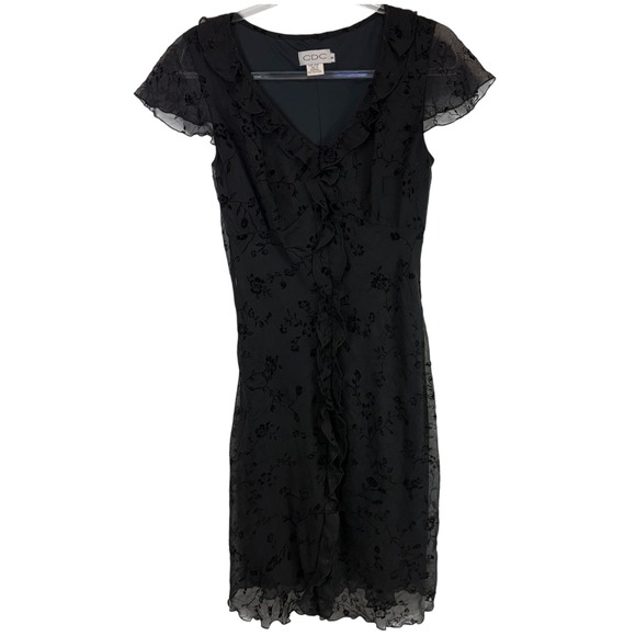 CDC Black Floral Velvet Burnout Ruffle Midi Dress Y2K Goth Lolita Vamp Romantic - Picture 1 of 14